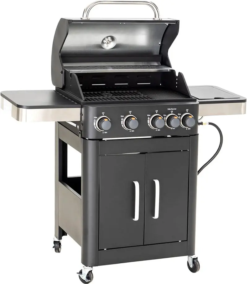 Premium Stainless Steel Propane Grill with Side Burner – 42,000 BTU Outdoor Cooking Station Featuring Enameled Cast Iron Grates