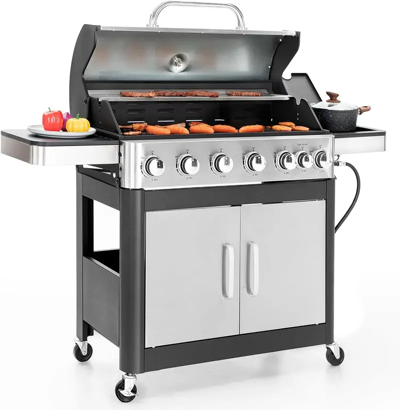 Premium Stainless Steel Propane Grill with Side Burner – 42,000 BTU Outdoor Cooking Station Featuring Enameled Cast Iron Grates