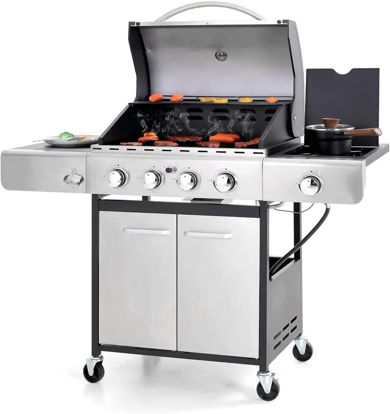 Premium Stainless Steel Propane Grill with Side Burner – 42,000 BTU Outdoor Cooking Station Featuring Enameled Cast Iron Grates