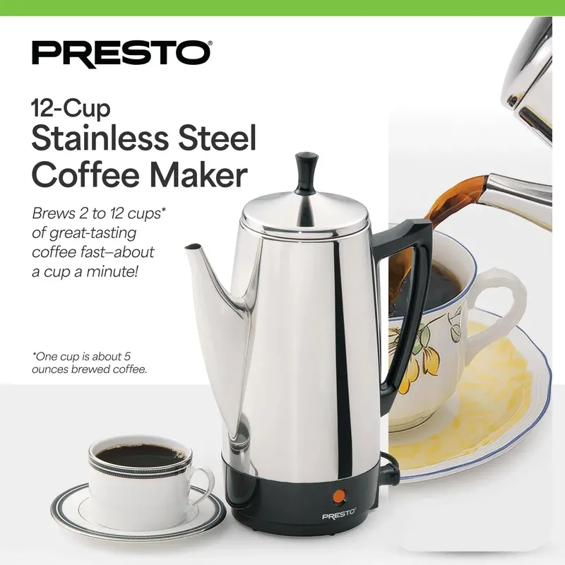 Presto Stainless Steel Stovetop Percolator – 12-Cup Fast-Brewing Coffee Maker (Silver Finish)