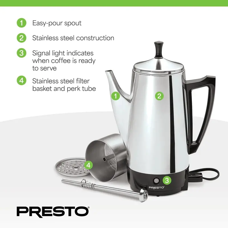 Presto Stainless Steel Stovetop Percolator – 12-Cup Fast-Brewing Coffee Maker (Silver Finish)