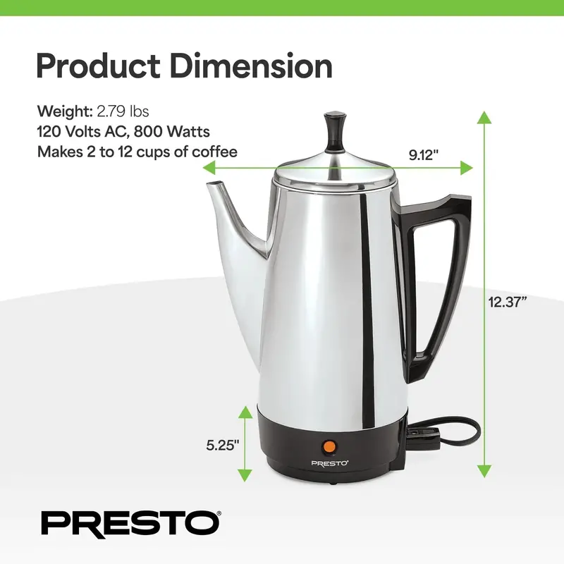 Presto Stainless Steel Stovetop Percolator – 12-Cup Fast-Brewing Coffee Maker (Silver Finish)