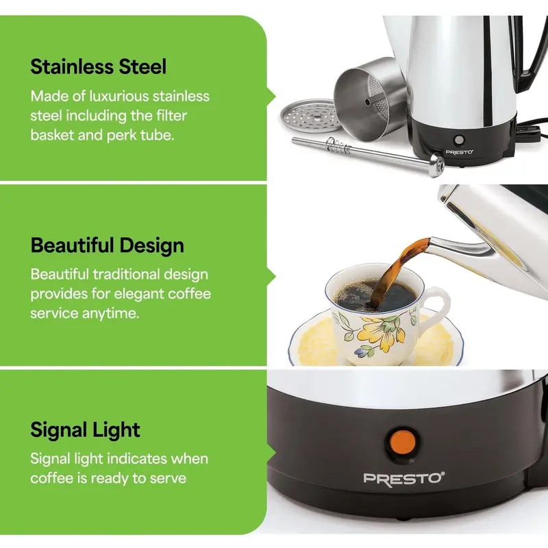 Presto Stainless Steel Stovetop Percolator – 12-Cup Fast-Brewing Coffee Maker (Silver Finish)