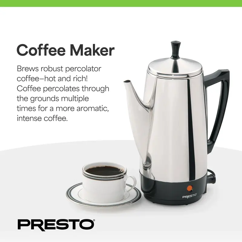 Presto Stainless Steel Stovetop Percolator – 12-Cup Fast-Brewing Coffee Maker (Silver Finish)