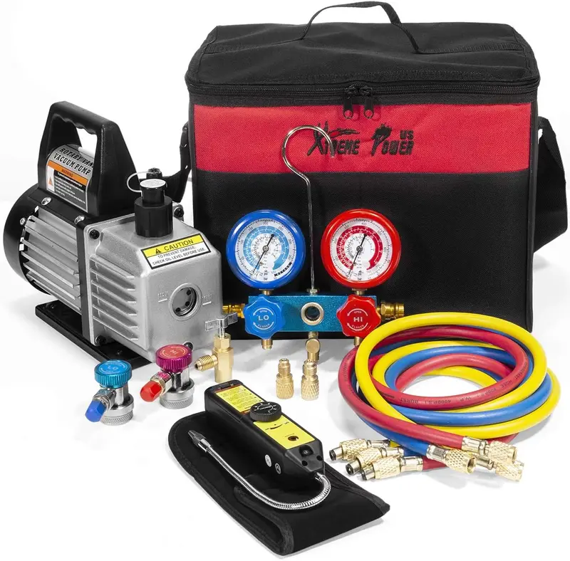 Professional HVAC Vacuum Pump Kit with Manifold Gauges, R134a Tap, Leak Detection, and Carry Case
