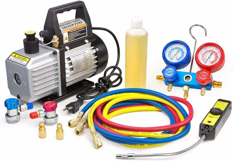 Professional HVAC Vacuum Pump Kit with Manifold Gauges, R134a Tap, Leak Detection, and Carry Case