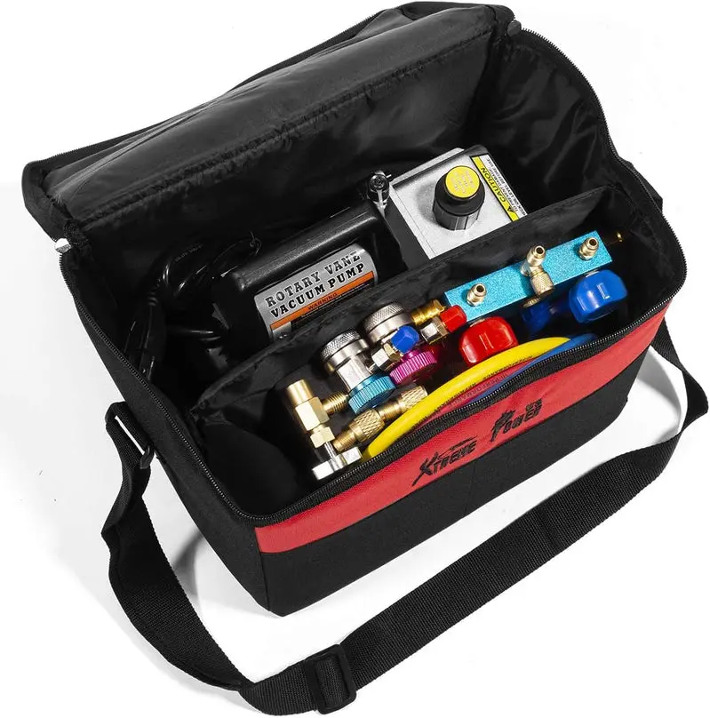 Professional HVAC Vacuum Pump Kit with Manifold Gauges, R134a Tap, Leak Detection, and Carry Case