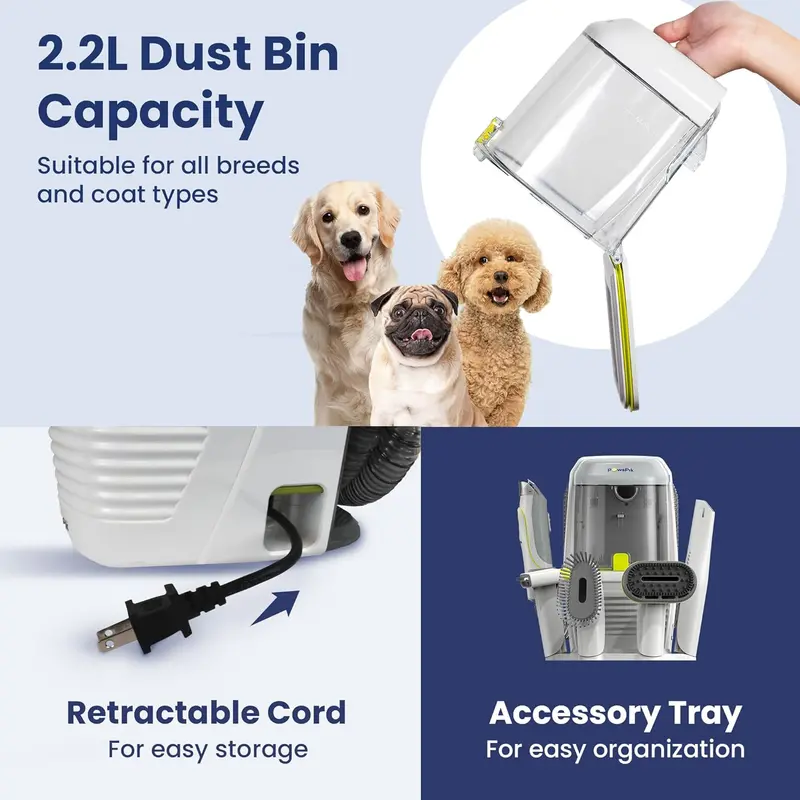 Professional Pet Grooming Vacuum – Handheld Control Unit with 7 Tools, 6 Suction Settings, and 2.2L HEPA Filtration