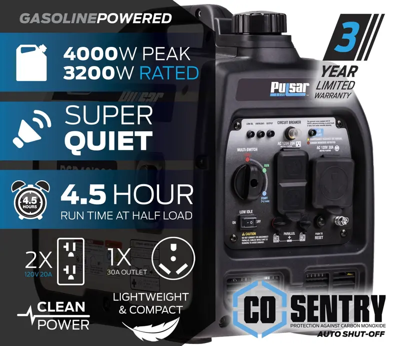 Pulsar 4000W Inverter Generator – Quiet Operation, CO Sentry Safety, Portable & Electronics-Safe Power Source