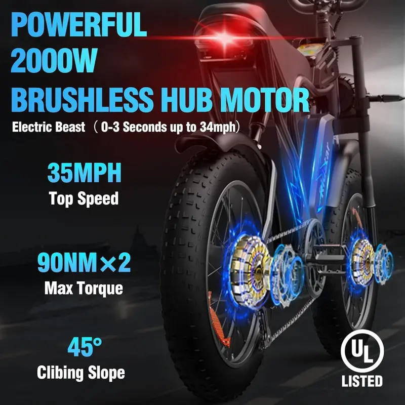 Q20 High-Performance Electric Fat Tire Bike — 2000W Motor, 52V Battery Pack, 30–180 Mile Range (Adults)