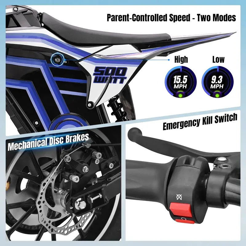 QEASET 500W Youth Electric Dirt Bike – Blue Frame, Ideal for Riders Ages 8–14
