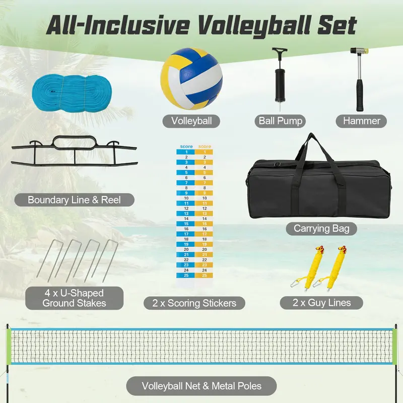 Quick-Setup Outdoor Volleyball Net Kit with Telescoping Height-Adjustable Poles