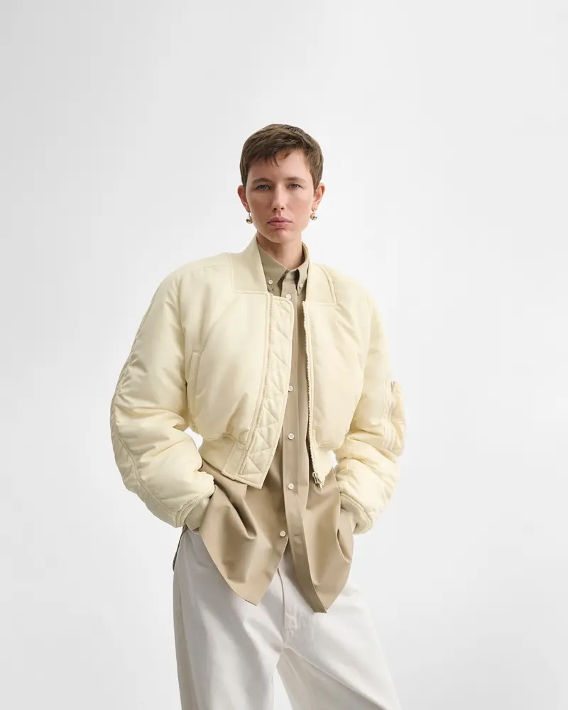 Recycled Nylon Shrunk Bomber Jacket In Cream