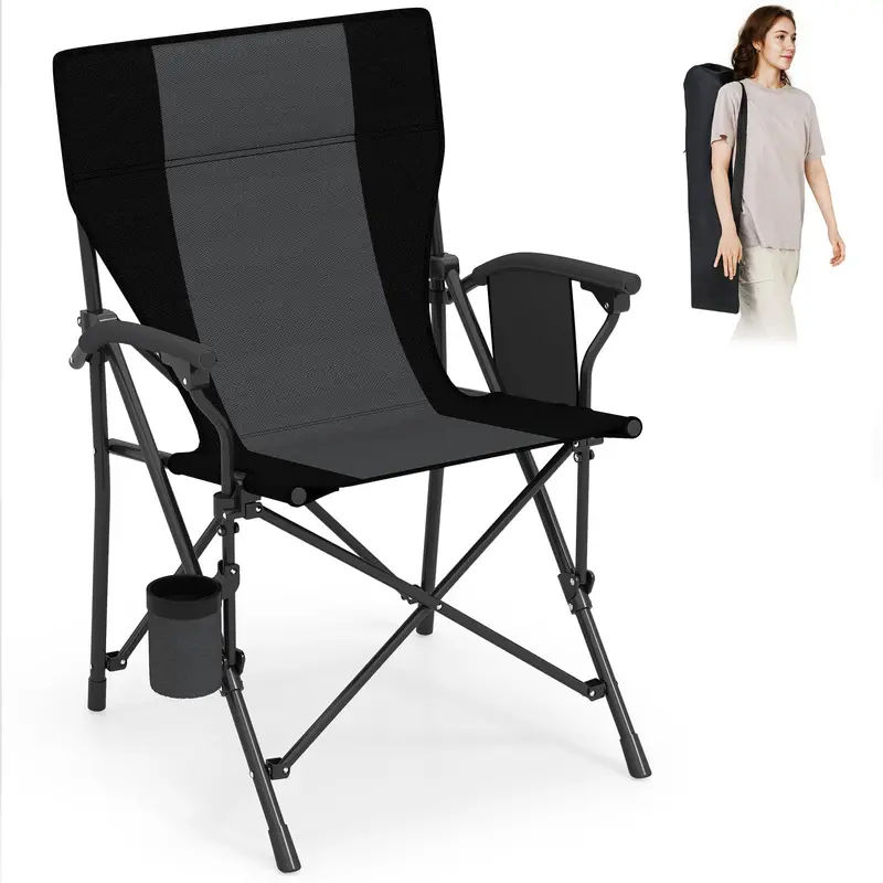 Reinforced Portable Lawn Chair Featuring Padded Arms, Cup Holder, and 350-Lb Load Limit