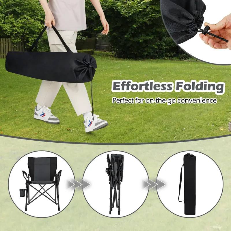 Reinforced Portable Lawn Chair Featuring Padded Arms, Cup Holder, and 350-Lb Load Limit