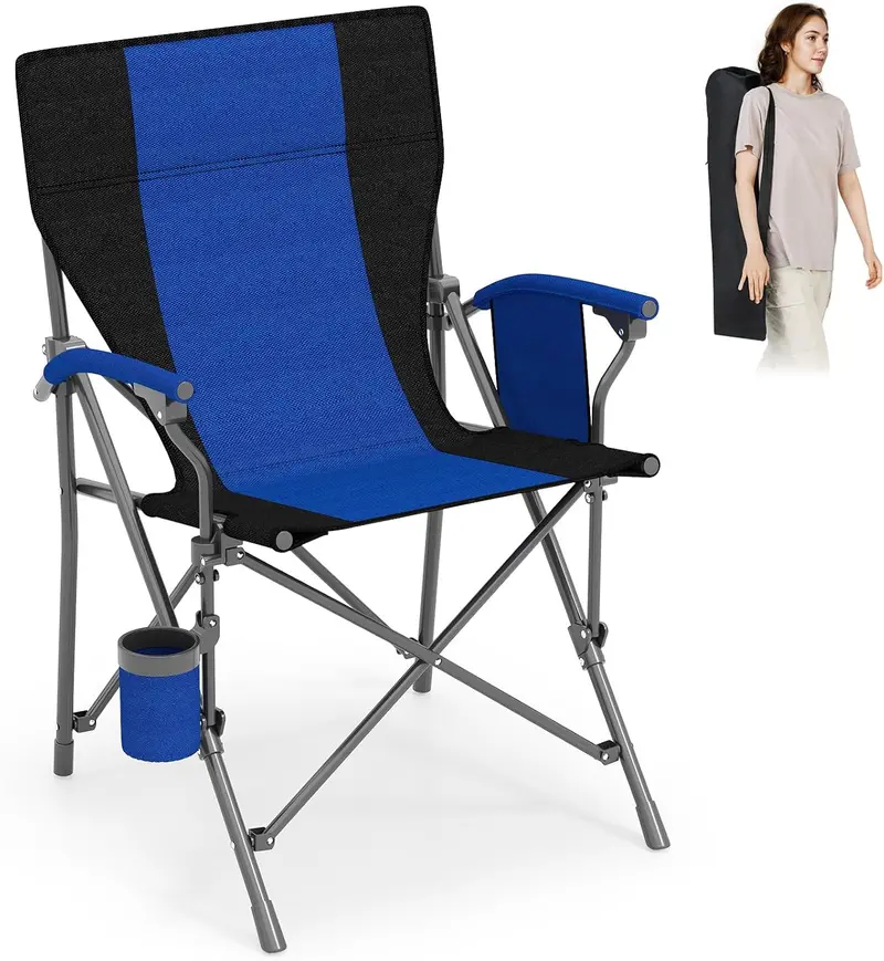 Reinforced Portable Lawn Chair Featuring Padded Arms, Cup Holder, and 350-Lb Load Limit