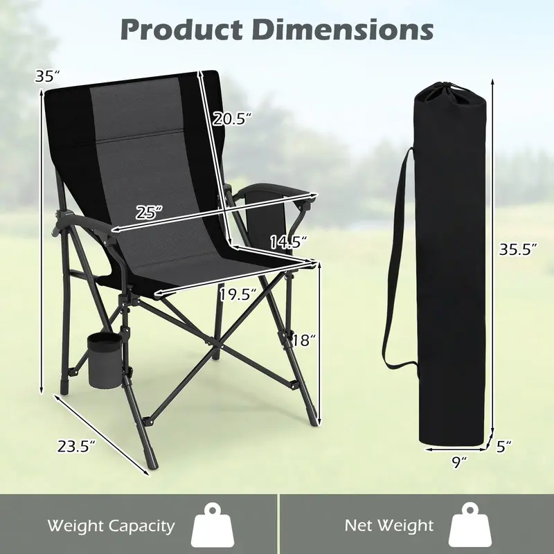 Reinforced Portable Lawn Chair Featuring Padded Arms, Cup Holder, and 350-Lb Load Limit