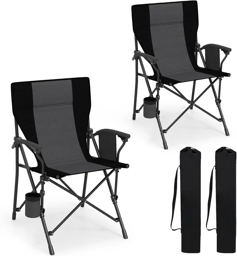 Reinforced Portable Lawn Chair Featuring Padded Arms, Cup Holder, and 350-Lb Load Limit