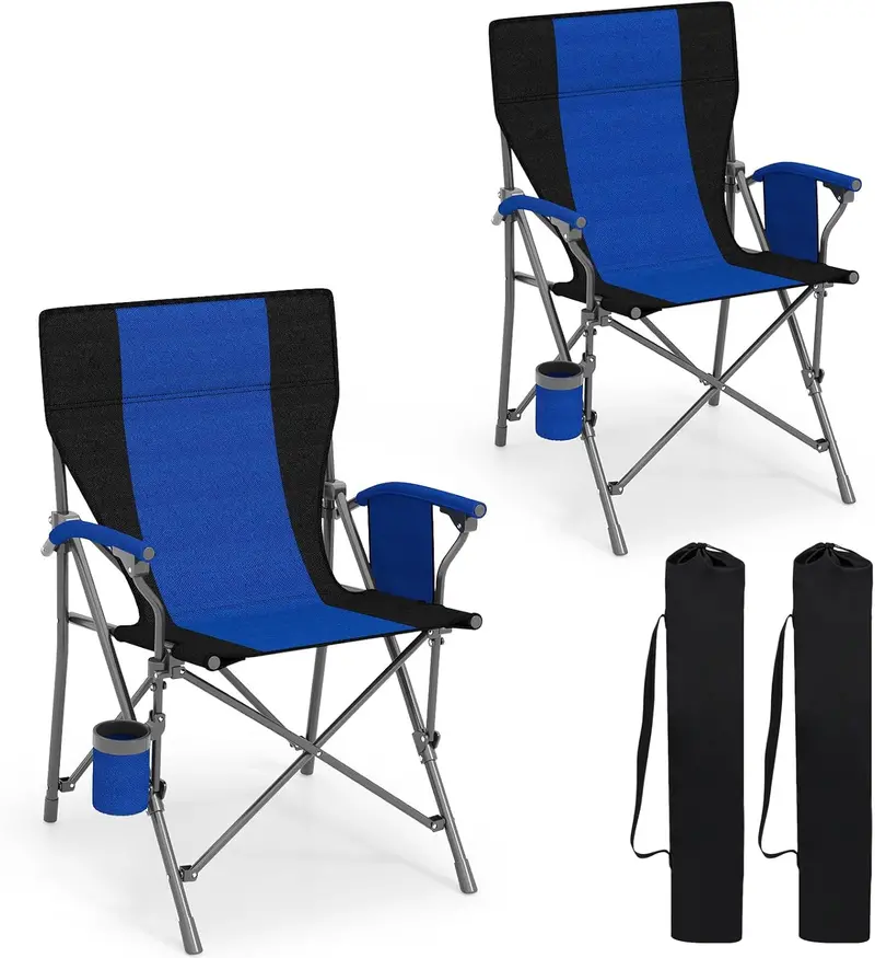 Reinforced Portable Lawn Chair Featuring Padded Arms, Cup Holder, and 350-Lb Load Limit