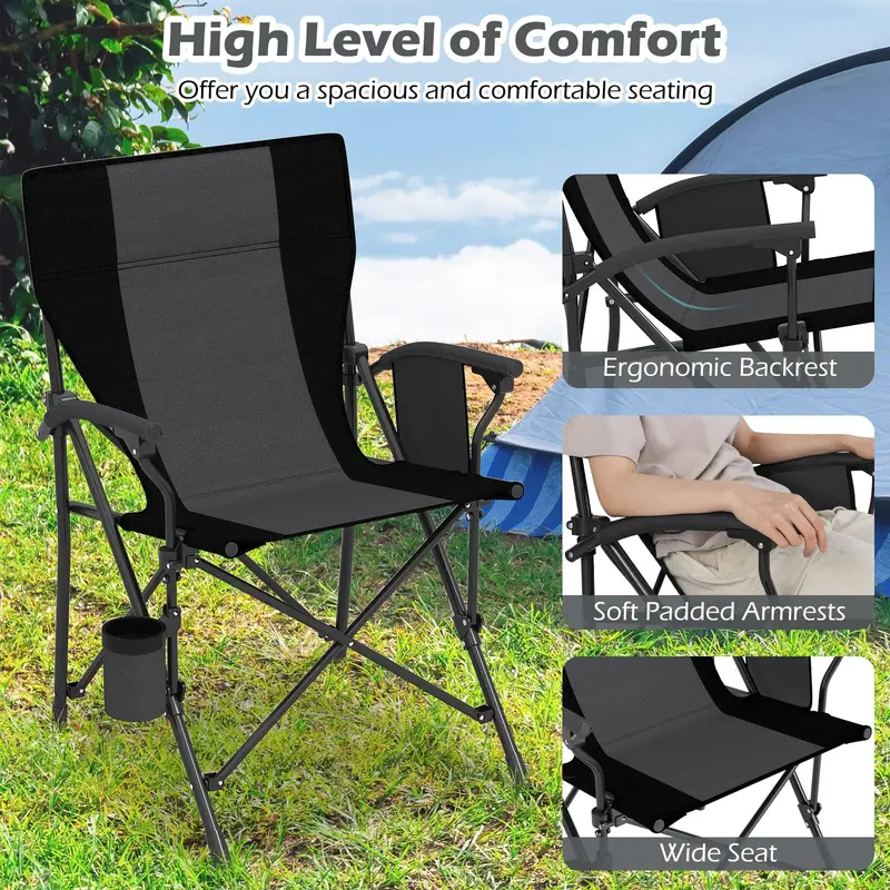 Reinforced Portable Lawn Chair Featuring Padded Arms, Cup Holder, and 350-Lb Load Limit