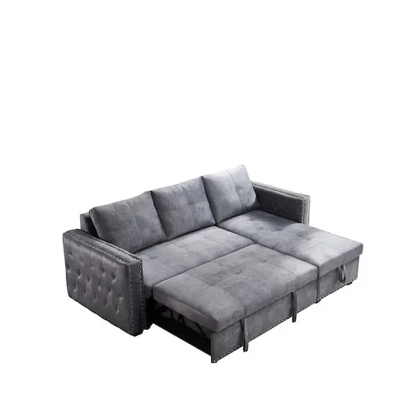Reversible Gray Velvet L-Shaped Sleeper Sectional – 3-Seater with Built-In Storage
