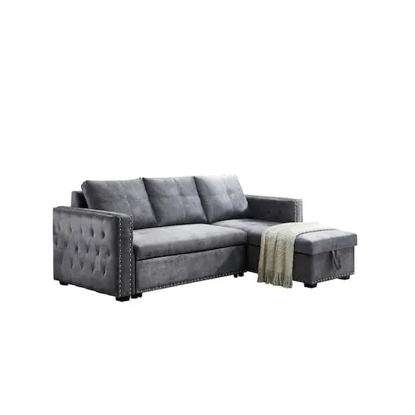 Reversible Gray Velvet L-Shaped Sleeper Sectional – 3-Seater with Built-In Storage
