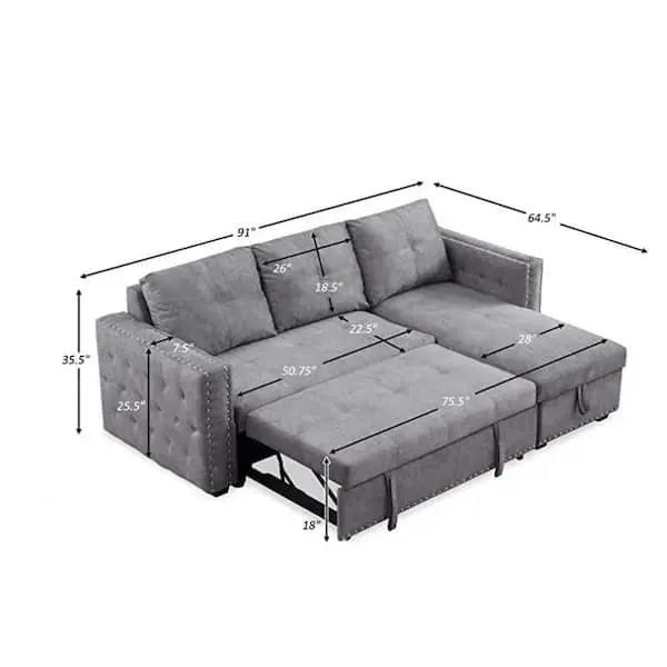 Reversible Gray Velvet L-Shaped Sleeper Sectional – 3-Seater with Built-In Storage