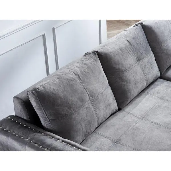 Reversible Gray Velvet L-Shaped Sleeper Sectional – 3-Seater with Built-In Storage