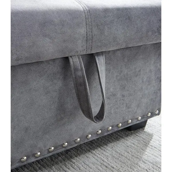 Reversible Gray Velvet L-Shaped Sleeper Sectional – 3-Seater with Built-In Storage