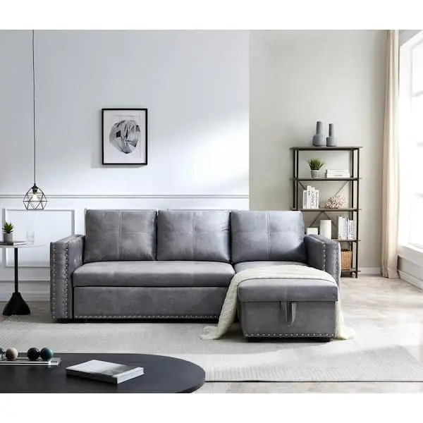 Reversible Gray Velvet L-Shaped Sleeper Sectional – 3-Seater with Built-In Storage
