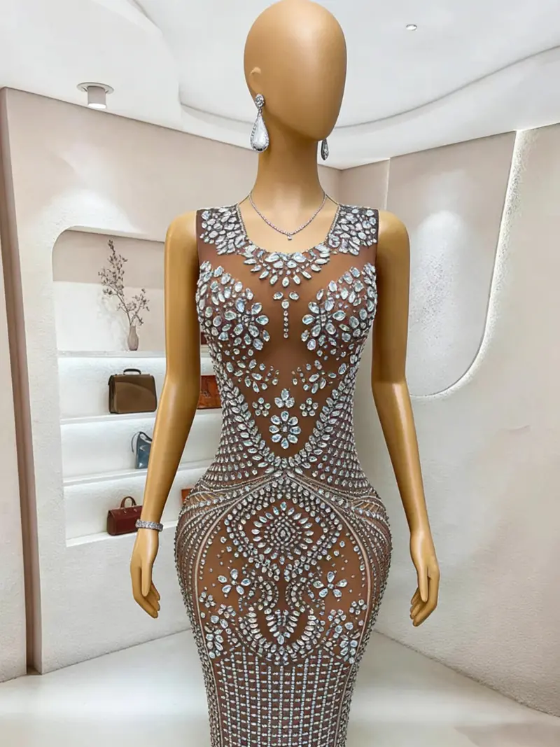 Rhinestone-Embellished Mermaid Evening Gown in Grey – Sheer Mesh Sleeveless Formal Dress with Floor-Length Silhouette 2