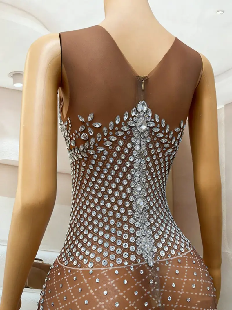 Rhinestone-Embellished Mermaid Evening Gown in Grey – Sheer Mesh Sleeveless Formal Dress with Floor-Length Silhouette