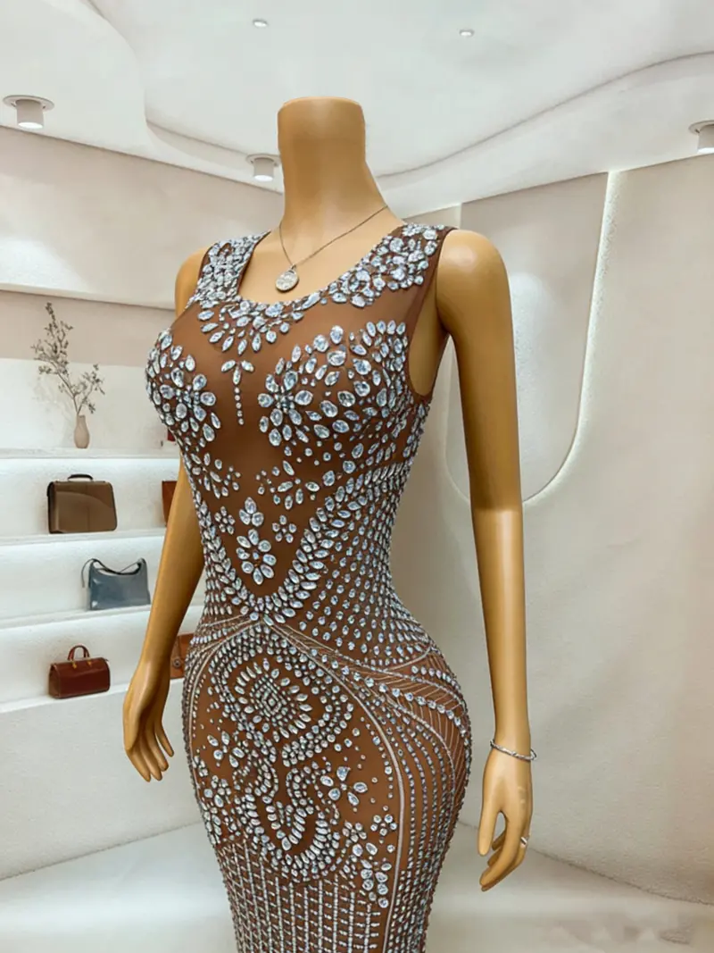 Rhinestone-Embellished Mermaid Evening Gown in Grey – Sheer Mesh Sleeveless Formal Dress with Floor-Length Silhouette