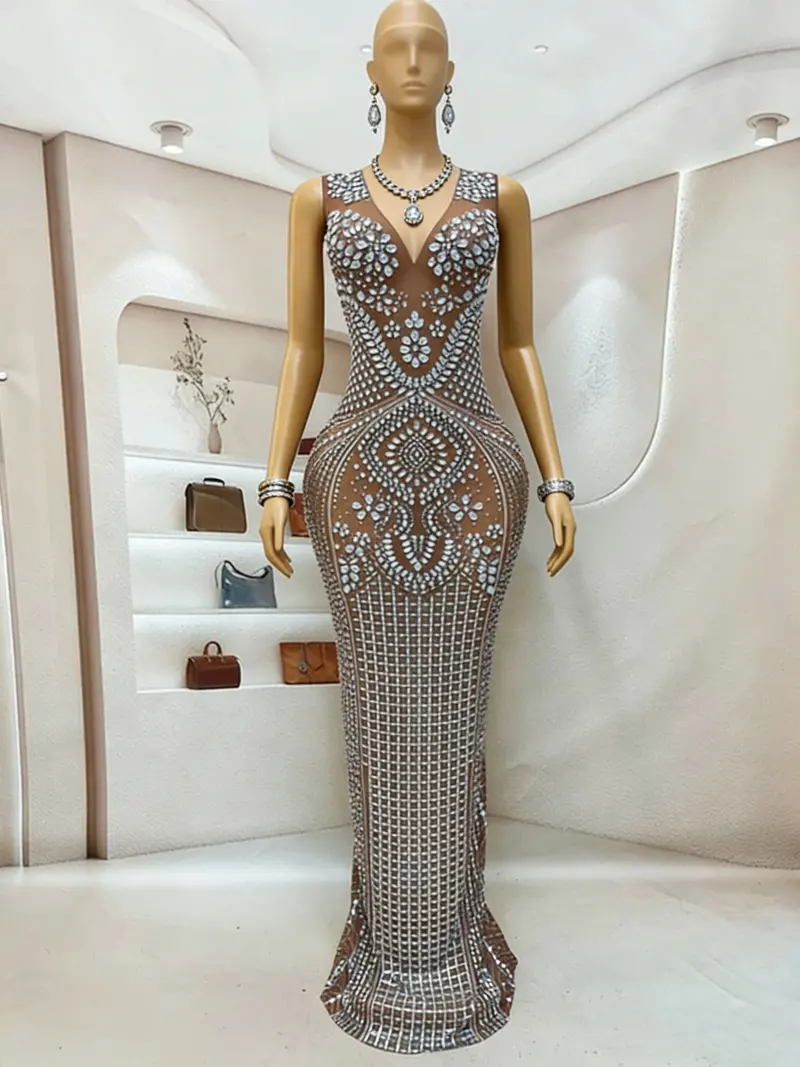 Rhinestone-Embellished Mermaid Evening Gown in Grey – Sheer Mesh Sleeveless Formal Dress with Floor-Length Silhouette