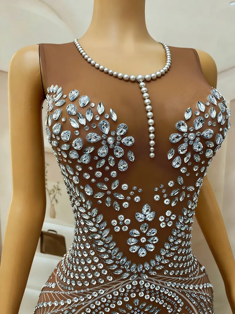 Rhinestone-Embellished Mermaid Evening Gown in Grey – Sheer Mesh Sleeveless Formal Dress with Floor-Length Silhouette
