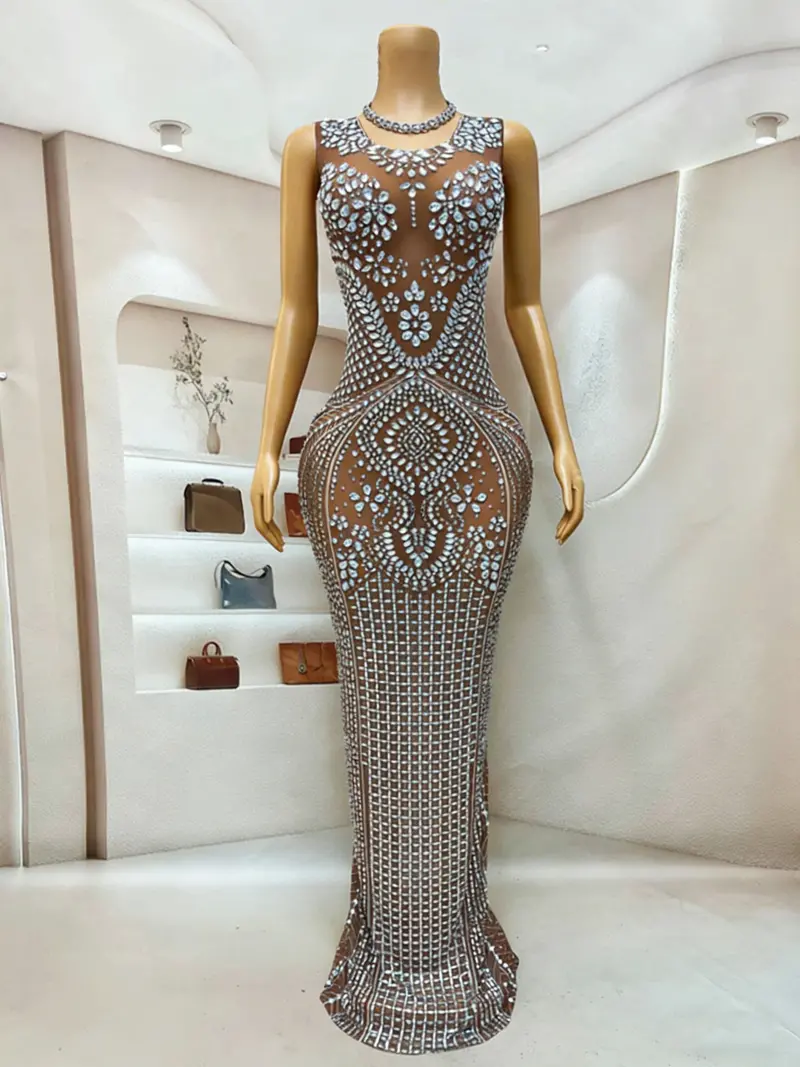 Rhinestone-Embellished Mermaid Evening Gown in Grey – Sheer Mesh Sleeveless Formal Dress with Floor-Length Silhouette