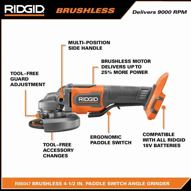 RIDGID R86047B-AC93044SBN 18V Brushless Angle Grinder Kit – Includes Batteries & Charger