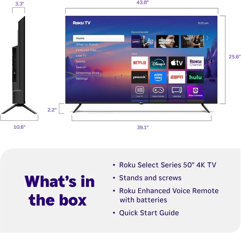 Roku 50-Inch Select Series 4K HDR Smart TV – Voice-Activated Streaming Display