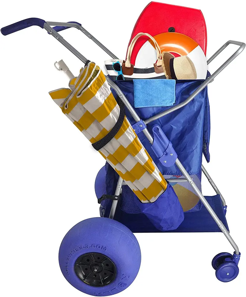 RollX Blue Foldable Beach Cart – 12-Inch Balloon Tires, Mesh Storage Pockets, and Integrated Umbrella Mount