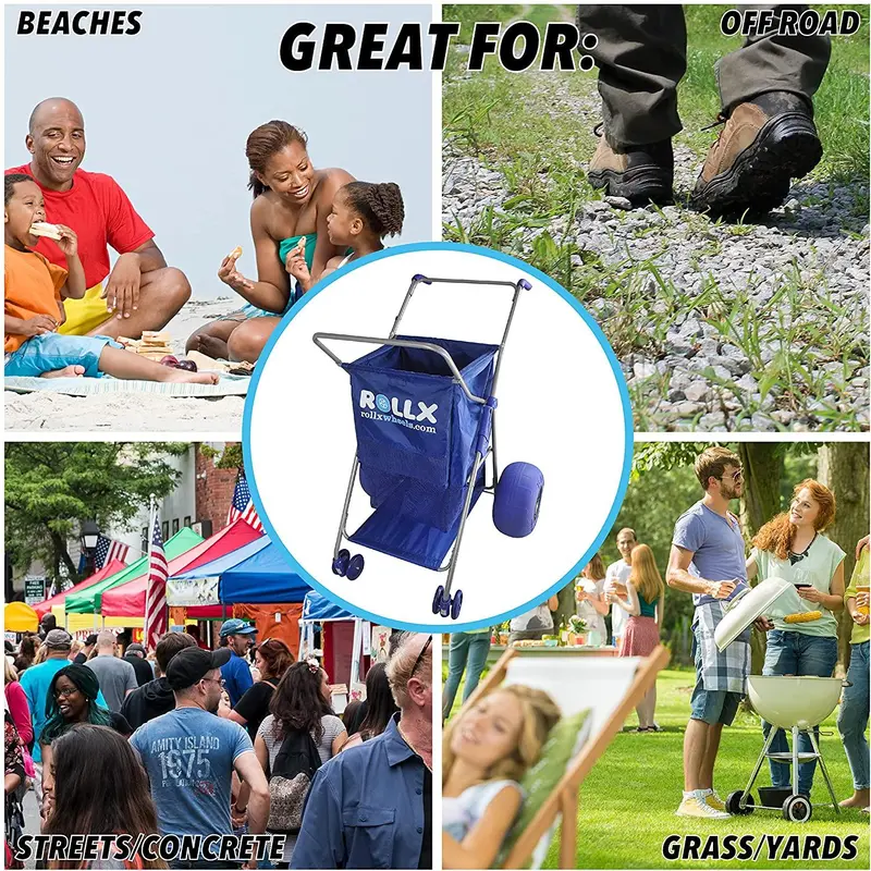 RollX Blue Foldable Beach Cart – 12-Inch Balloon Tires, Mesh Storage Pockets, and Integrated Umbrella Mount 2