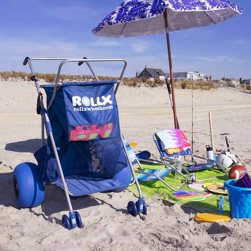 RollX Blue Foldable Beach Cart – 12-Inch Balloon Tires, Mesh Storage Pockets, and Integrated Umbrella Mount