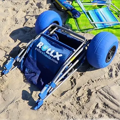 RollX Blue Foldable Beach Cart – 12-Inch Balloon Tires, Mesh Storage Pockets, and Integrated Umbrella Mount