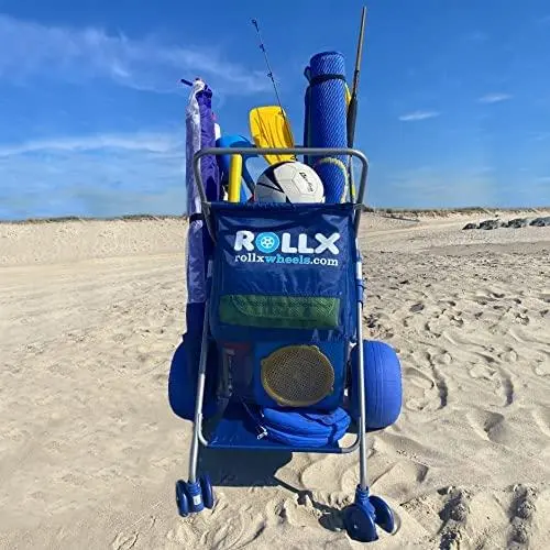 RollX Blue Foldable Beach Cart – 12-Inch Balloon Tires, Mesh Storage Pockets, and Integrated Umbrella Mount