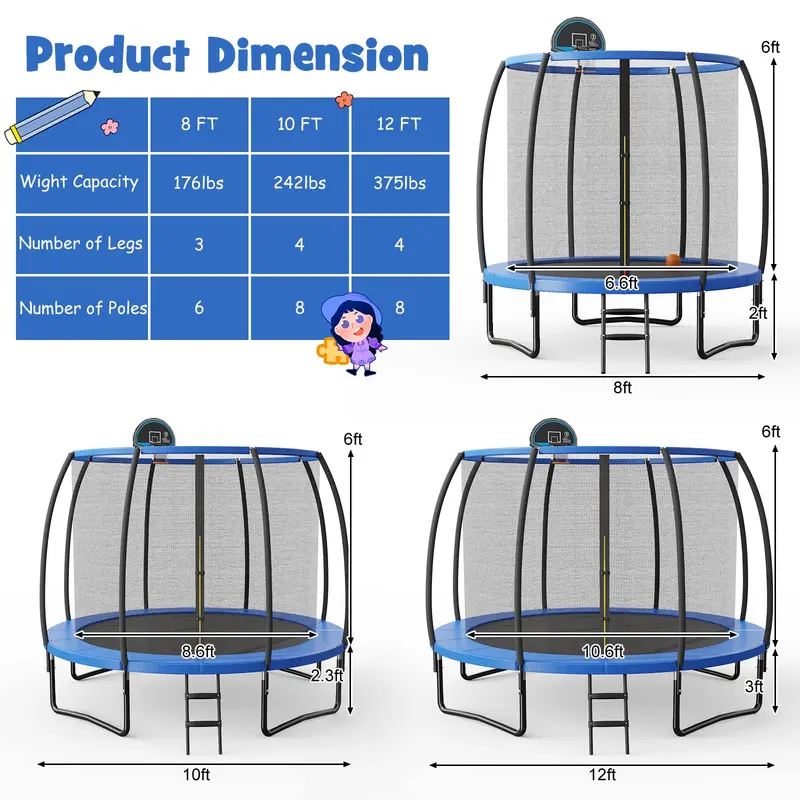 Round Outdoor Trampoline – Choose from 8ft, 10ft, or 12ft Diameter