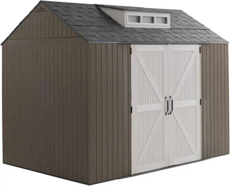 Rubbermaid 7' x 7' Resin Outdoor Storage Shed with Integrated Floor – Gray, Weather-Resistant Unit for Garden, Lawn, and Pool Gear