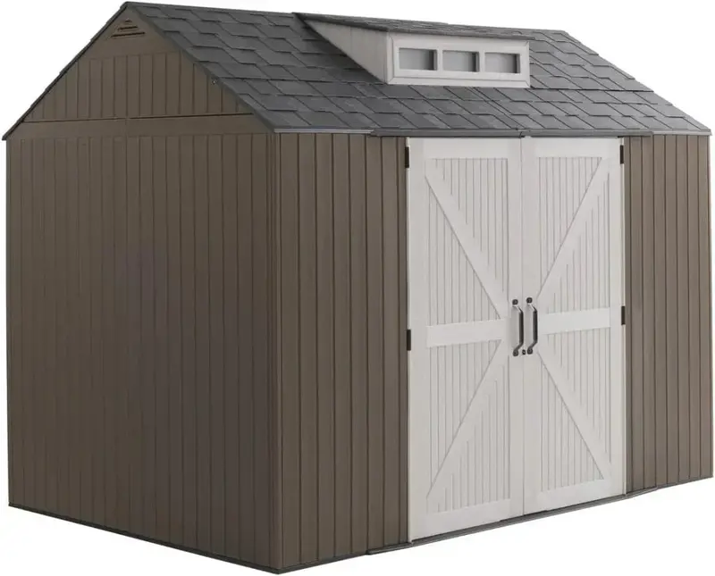 Rubbermaid 7' x 7' Resin Outdoor Storage Shed with Integrated Floor – Gray, Weather-Resistant Unit for Garden, Lawn, and Pool Gear