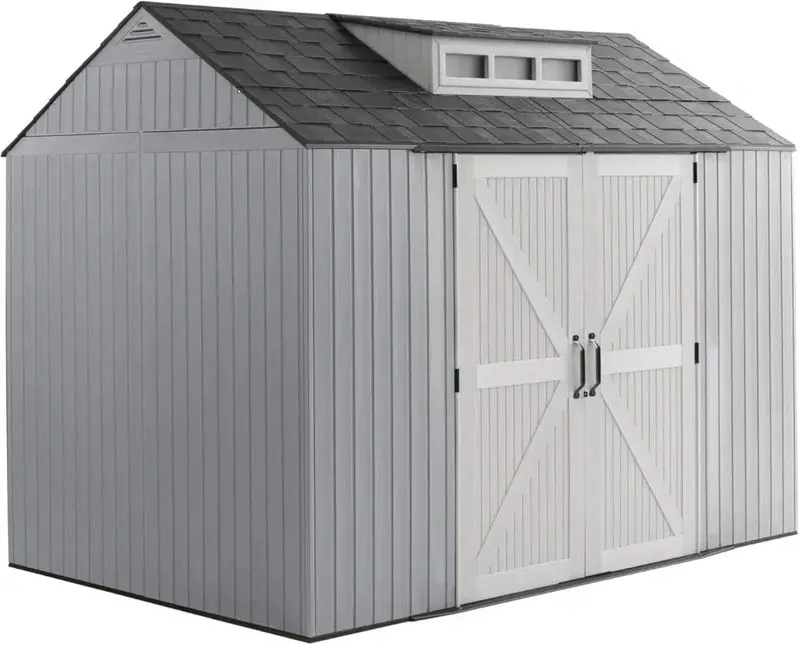 Rubbermaid 7' x 7' Resin Outdoor Storage Shed with Integrated Floor – Gray, Weather-Resistant Unit for Garden, Lawn, and Pool Gear