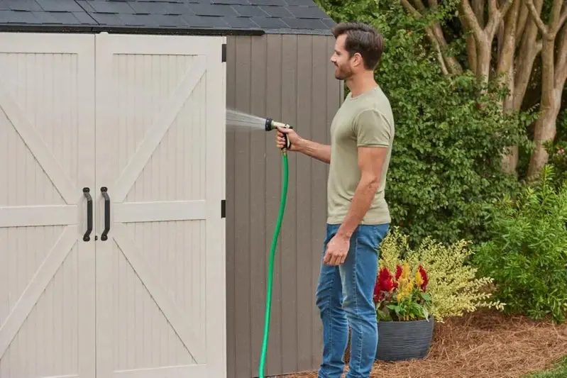 Rubbermaid 7' x 7' Resin Outdoor Storage Shed with Integrated Floor – Gray, Weather-Resistant Unit for Garden, Lawn, and Pool Gear