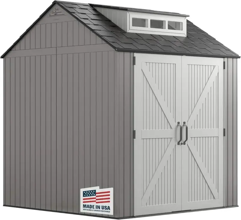 Rubbermaid 7' x 7' Resin Outdoor Storage Shed with Integrated Floor – Gray, Weather-Resistant Unit for Garden, Lawn, and Pool Gear