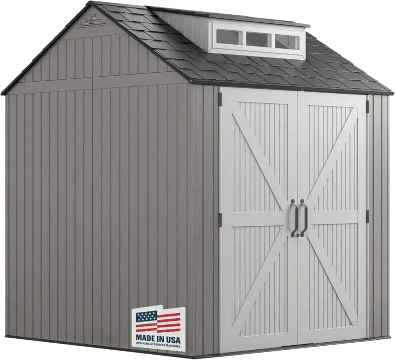 Rubbermaid 7' x 7' Resin Outdoor Storage Shed with Integrated Floor – Gray, Weather-Resistant Unit for Garden, Lawn, and Pool Gear